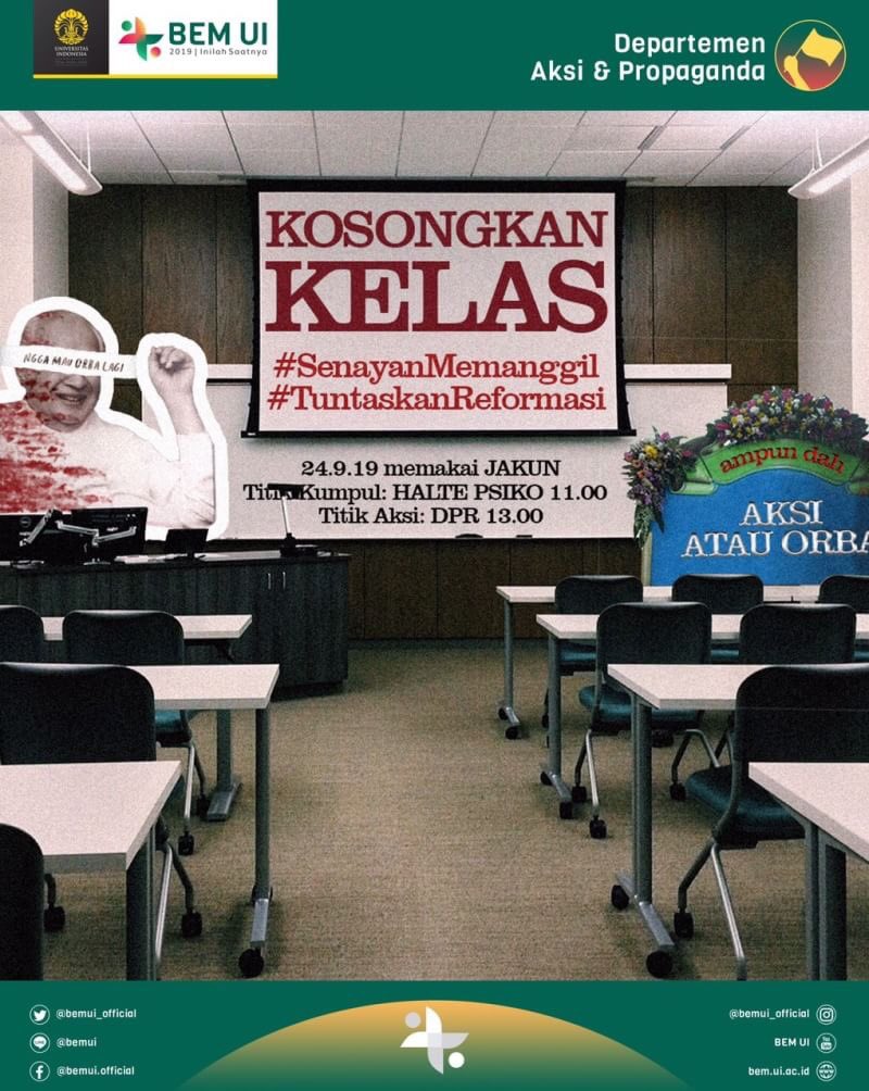 Perjuangan belum selesai!

Besok (24/09), mahasiswa akan kembali turun ke jalan. Jangan biarkan demokrasi diberangus dan reformasi dipangkas!

Saatnya memenuhi panggilan dari Senayan!

#ReformasiDikorupsi 
#TuntaskanReformasi #SenayanMemanggil