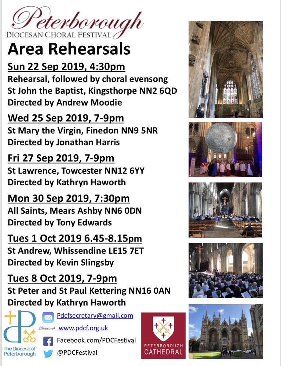 PDCFestival's tweet photo. #PDCF Area Rehearsals this week:
Wed 25 Sep, 7-9pm @StMarysFinedon directed by @hjonathan83
Fri 27 Sep, 7-9pm
at St Lawrence, Towcester
directed by Kathryn Haworth
#Ayleward #StanfordinC #Ireland #Mudd
#PDCF2019 Sat 19 Oct, 5:30pm @pborocathedral https://t.co/NPbItTMxWd