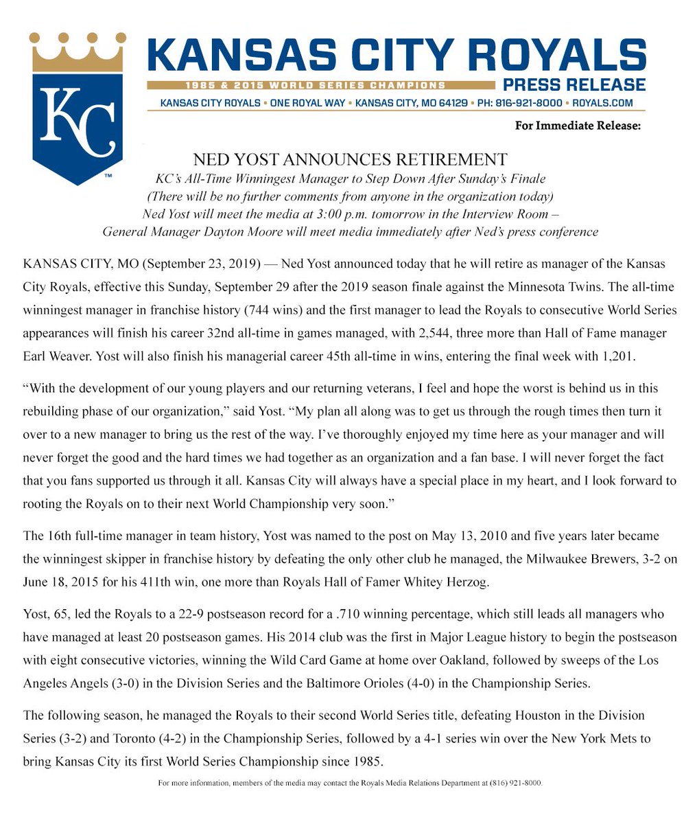 Royals's tweet image. Official statement from the #Royals regarding Ned Yost’s retirement.