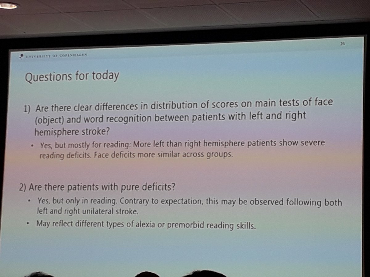 Randi Starrfelt spoke about the Back of the Brain project: a large and rich dataset (64 patients, 32 tests). PCA stroke patients were recruited based on their lesions rather than their symptoms. researchgate.net/project/The-Ba…