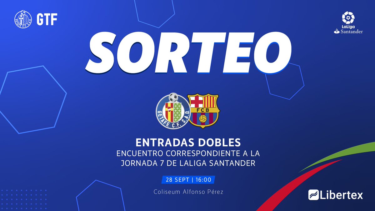 GetafeCF's tweet photo. 🎟🎟 ¡Participa ya en el sorteo de entradas dobles para el partido del @FCBarcelona_es gracias a @libertex_europe!

Solo tienes que:
👉 Seguir a @libertex_europe y a @GetafeCF
👉 Dar RT a este tweet

¡Anunciaremos los ganadores el próximo miércoles! 💙 https://t.co/EmsPp4M1Ls