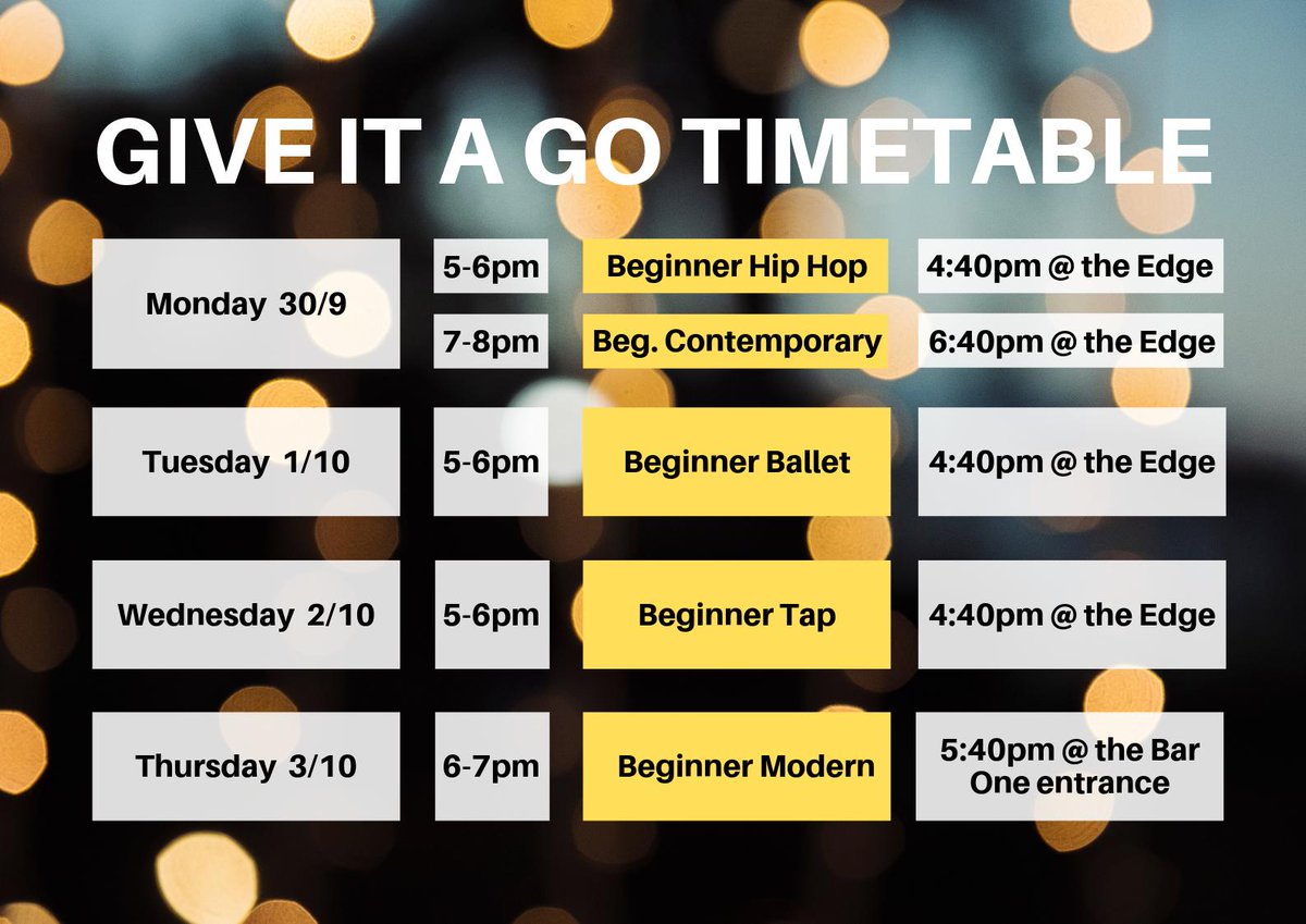 Did you know that next week we are running Give it a Go classes? They are beginners classes in all styles so that you can try them out! It's a great way to meet other DanceSoc members and have some fun exercising! Each class costs £3 and you can pay on the door 🖤💛