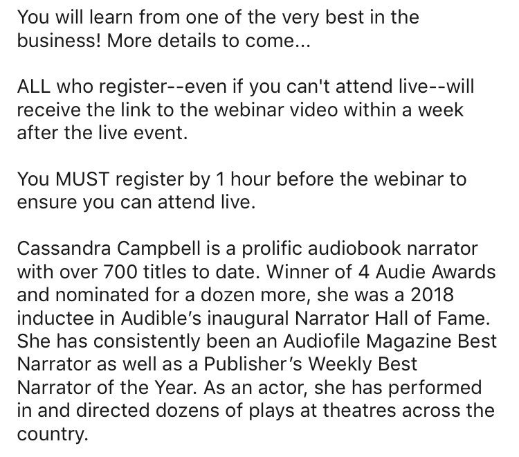 Do you want fiction audiobook narration jobs?

Julie Williams Presents...Fiction Audiobook Narration with Cassandra Campbell! Recipient of 4 Audie Awards!!! WOW!

Monday, 9/30/19

5pm PST/8pm EST

ONLY $65

docs.google.com/forms/d/e/1FAI…  #audiobook #voiceover #webinar