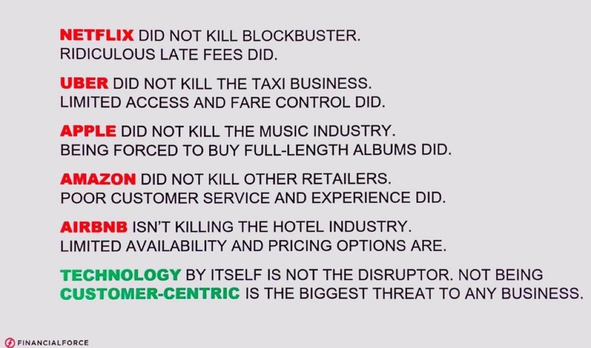 .@Netflix did not kill blockbuster. Ridiculous late fees did.

<a href="/Uber/">Uber</a> did not kill taxi business. Limited access and fare control did.

@Amazon did not kill retailers. Poor customer service did. 

Not being customer-centric is the biggest threat to any business. #ElevateTechFest