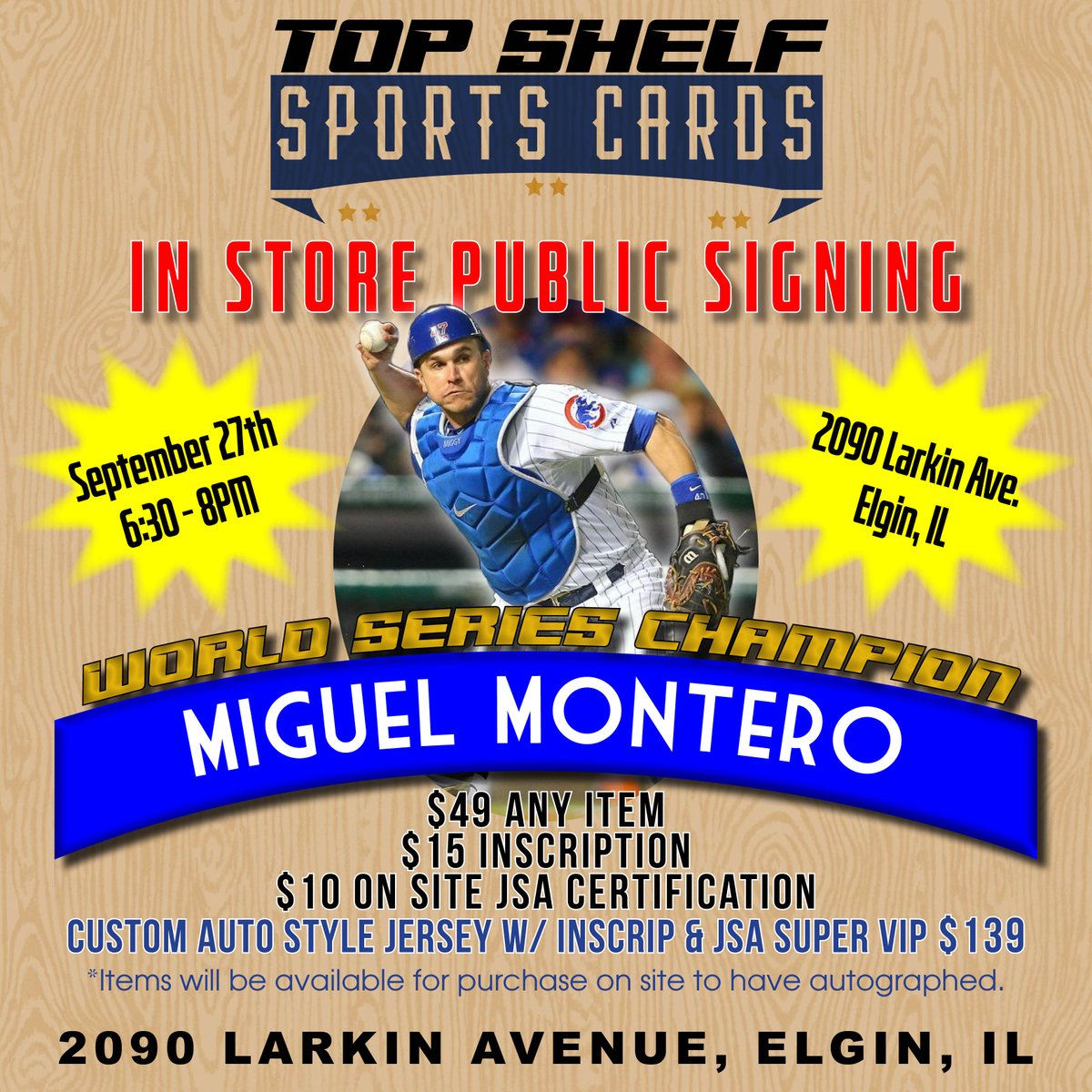 This friday night Elgin in store autograph signing with @miggymont26 630p-8pm. All items $49, special VIP Packages available. Stop by the shop for your tickets, or buy online at topshelfbreaks.com see you friday night in Elgin!