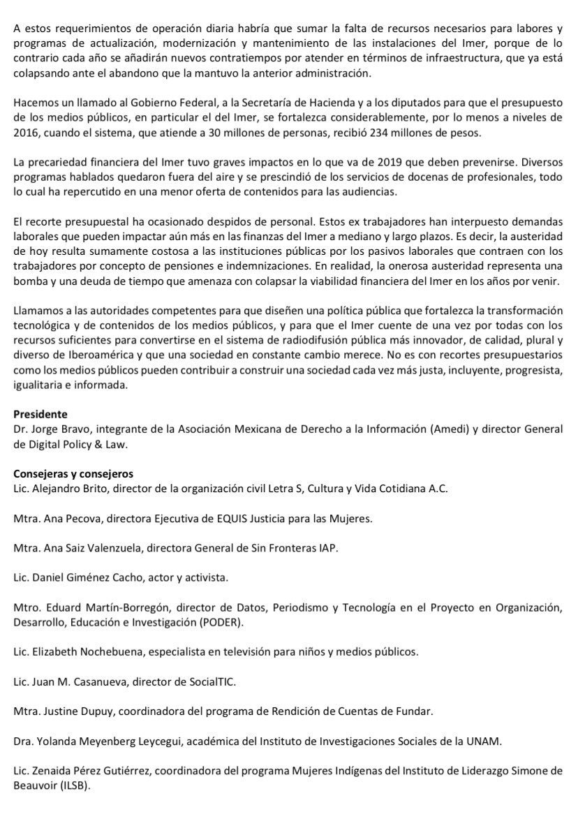 IMER_Noticias's tweet photo. 📄 #Entérate || El Consejo Ciudadano del IMER publicó su postura respecto al Presupuesto de Egresos de la Federación

Considera que los recursos contemplados para el @imerhoy son insuficientes para operar sin contratiempos durante 2020 y cumplir “su importante función social” https://t.co/nJKSXdj7Ji