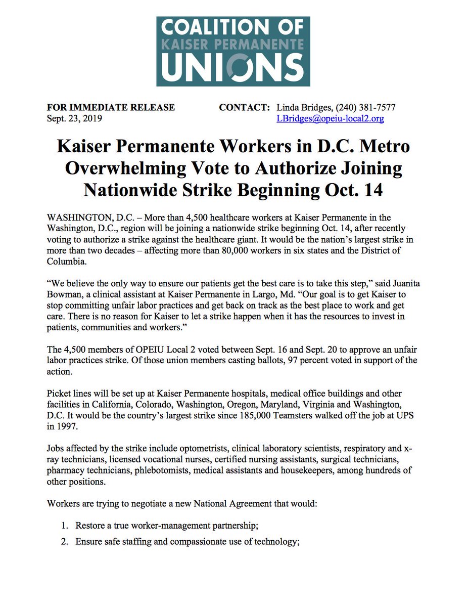 KeepThriveAlive's tweet photo. RELEASE: 4,500 @aboutKP workers in DC, MD, VA vote to join nationwide strike https://t.co/MWxOWVUV5p