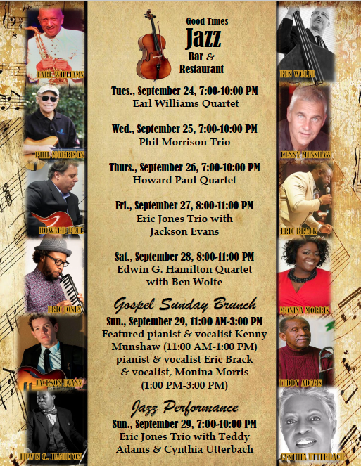 GoodTimesJazz's tweet photo. Upcoming Events At Good Times – September 24 – 29 https://t.co/naPAuxhG7b https://t.co/hPYzbnBLwX