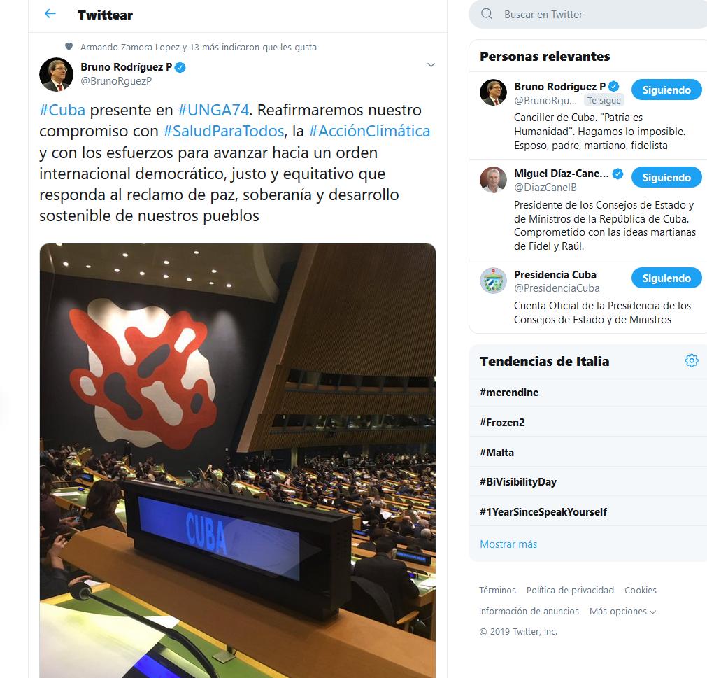 JoseCarlosRguez's tweet photo. #Cuba in #UNGA74. @BrunoRguezP ribadirà l'impegno di #Cuba a favore della #SalutePerTutti, la #AzionePerilClima e con gli sforzi per avanzare verso un ordine internazionale democratico, equo e che risponda alla necessità di pace, sovranità e sviluppo sostenibile per i popoli. https://t.co/IUqG2hmkcZ