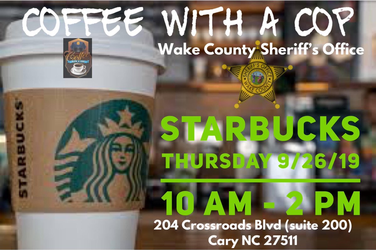 ProCOPwakeco's tweet photo. Come join us this Thursday at Starbucks (Crossroads Cary location) as part of National Coffee with a Cop 🚓!! We can’t wait to just hang out and chat with you all!! See you there ☕️! https://t.co/MskptKXFR1