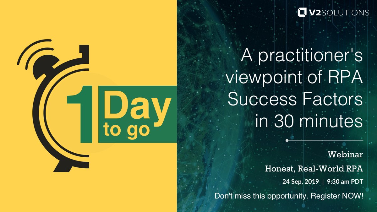 Thank you for the overwhelming response! Very few seats are remaining. Register NOW to reserve your spot. v2solutions.page.link/WebinarT

#rpa #automation #webinar #RPASuccess #RPATips #RPATruth #RPAUseCases #DigitalTransformation