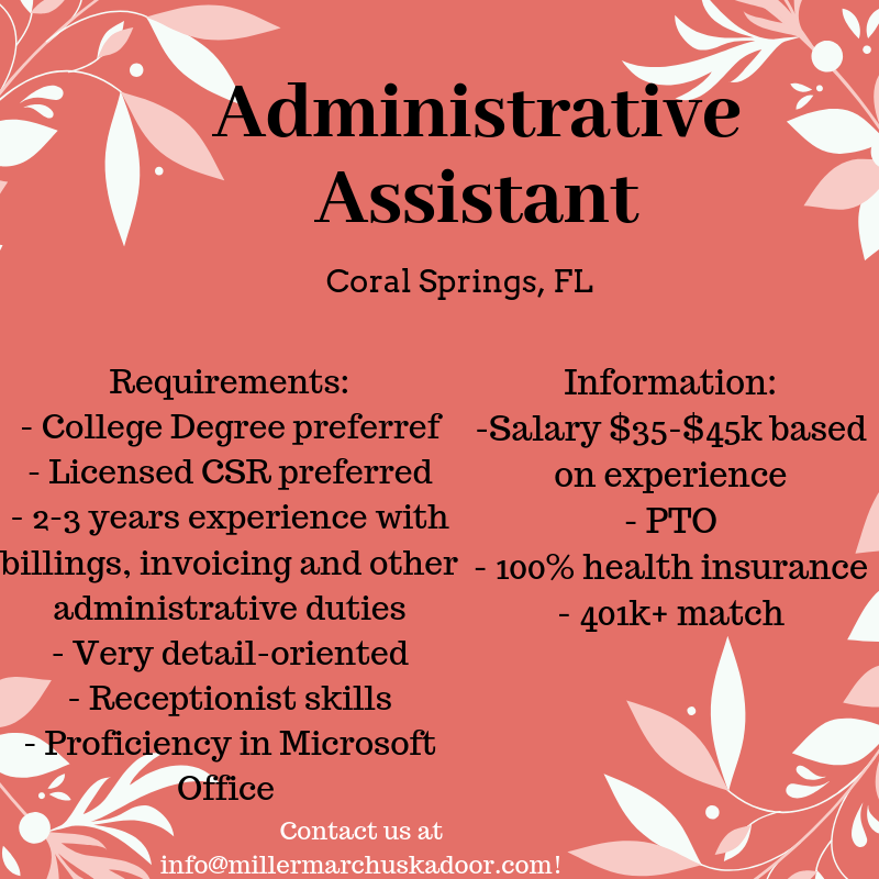 MillerMarchuska's tweet photo. **Job Alert**
New Administrative Assistant role for an excellent company located in Coral Springs, FL. Contact us at info@millermarchuskadoor.com for more details!

#administrativeassistant #coralsprings #FL #floridajob #hiringnow #opportunity #successstartshere https://t.co/te81KYG8JD