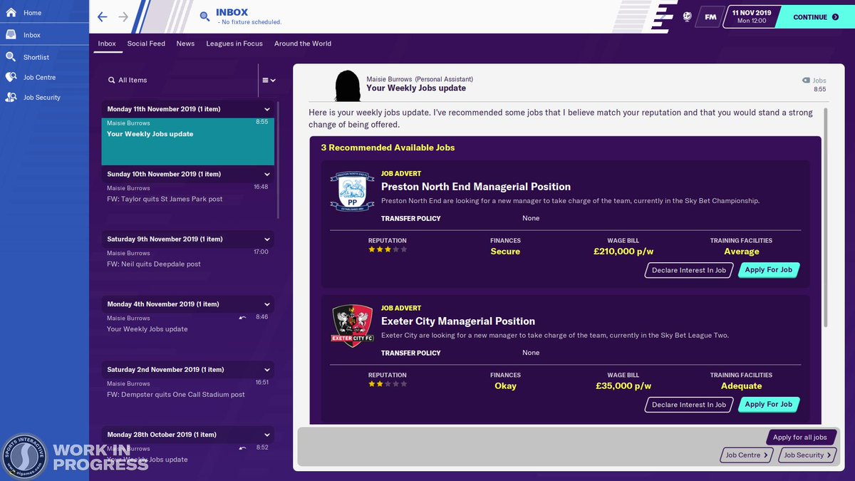 Football Manager on Twitter: "An improved unemployed experience 📨 There's more info on available jobs, increased press opportunities and weekly job updates #FM20Features… https://t.co/ZLnuqnxbAG"