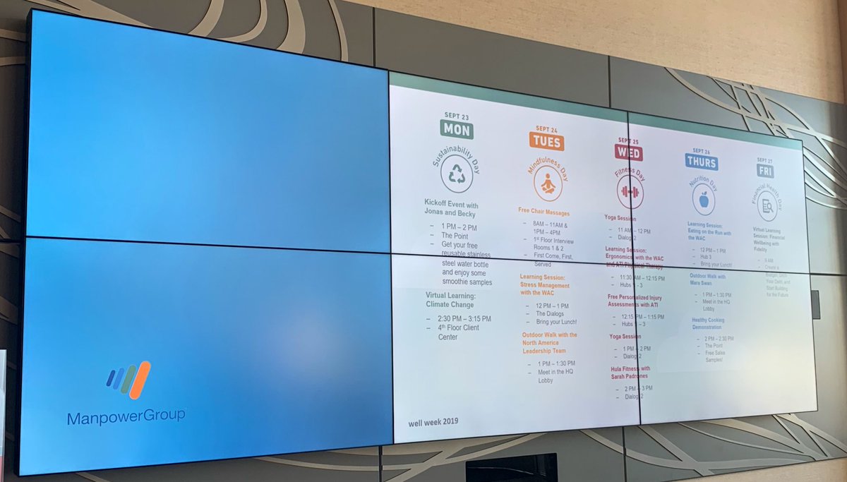 ManpowerGroup's tweet photo. Celebrating employee wellbeing by making time to care of our minds, bodies and communities this week. Stay tuned for more updates from our #WellWeek activities at HQ and across North America! 🌎🧘♂️🚴♀️🍏💼 https://t.co/qdPY9bVGIi