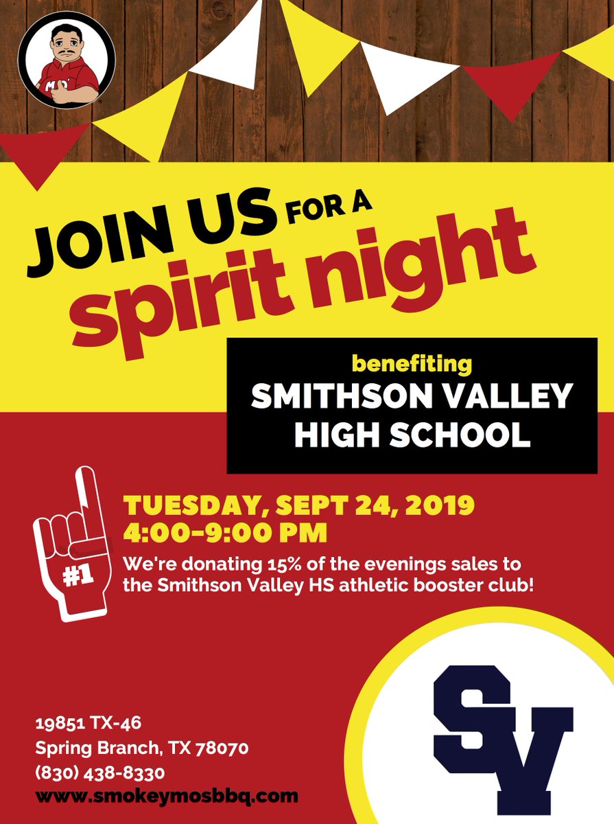 wichproductions's tweet photo. Tomorrow Night! Eat at Smokey Mo's in Spring Branch from 4-9pm and they will donate 15% of sales back to the SV Athletic Booster Club! @Supt_comalisd @COMALISD_AD @valleyventana @rangersection @SV_Rangers @SV_RangerFB @mwahl281 @SVABCSoftball @SVHSGOLF @SV_Hoops @SmithsonValley https://t.co/b0podZTtgx