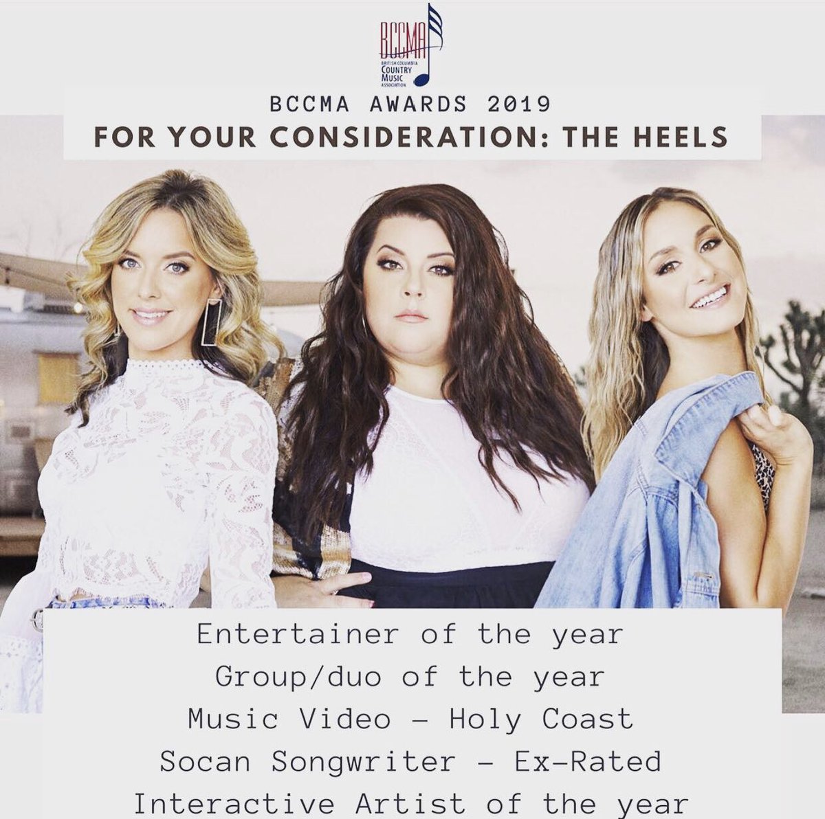 Taking the country by storm! 👠💋 <a href="/TheHeelsMusic/">The Heels</a> are on the second ballots for 5 awards at the #BCCMAs! <a href="/BCCMA/">BCCMA</a> 🎉🥂. Their newest single “Take The Trailer” is out now on <a href="/SpotifyCanada/">Spotify Canada</a> ⭐️ spoti.fi/2m83zsK