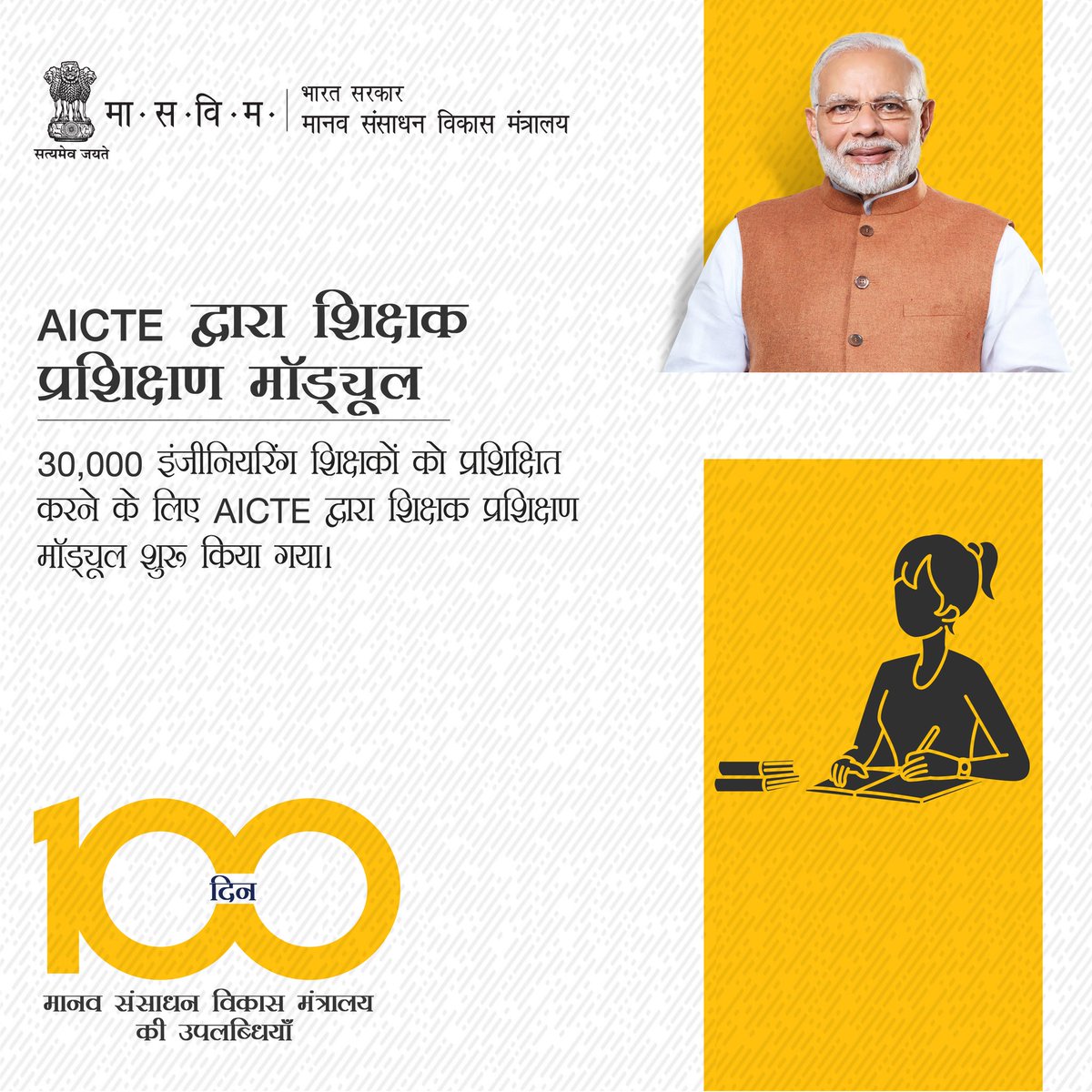 EduMinOfIndia's tweet photo. #100DaysofMHRD
30,000 इंजीनियरिंग शिक्षकों को प्रशिक्षित करने के लिए AICTE द्वारा शिक्षक प्रशिक्षण मॉड्यूल शुरू किया गया।
#MODIfied100 #100Days
https://t.co/0kVFcdEkWc https://t.co/so9Roulb0K