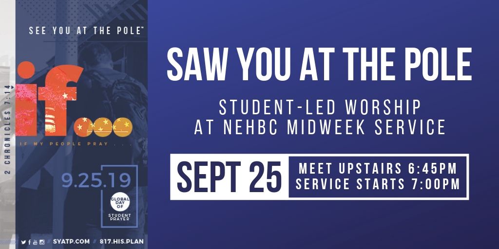 NEHBCStuMin's tweet photo. Don't Forget that Prayer = Change. T- 2 Days until See You At The Pole 2019. Monday's To-Do List: Invite at least 5 people to join you at SYATP Wednesday morning #syatp #NEHBC #StuMin #Gospel #Community #Holiness https://t.co/JJpzCllnKq