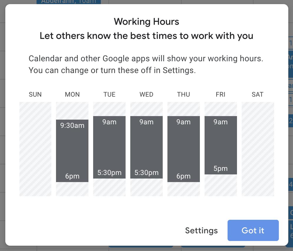  #delightful_design_details 27 @googlecalendar displays preferred working hours to encourage better scheduling.Delightful as it addresses a long desired need that was often hacked with poor alternatives. Giving feelings of "finally!" and "it's not just me!" and "they hear me!"