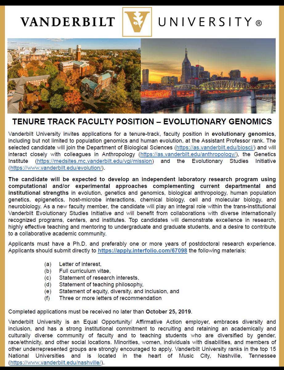 Nearly a month left to apply for the *Evolutionary Genomics* faculty position <a href="/VanderbiltU/">Vanderbilt University</a> - come be our colleague and join a thriving community of evolutionists and genomicists! #evolution #genomics Apply now at apply.interfolio.com/67098