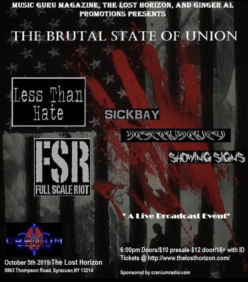 sickbaymetal's tweet photo. Less than two weeks October 5th we’ll be in Syracuse NY at #TheLostHorizon for a brutal night broadcast on @Cranium_Radio w/ @lessthanhate @FULLSCALERIOT #descendency and #showingsigns. Let’s pack it out 🤘🏻💀🤘🏻#metal #deathmetal #hardcore #extrememetal #syracuse #brutal #heavy https://t.co/qio8xMOu0r