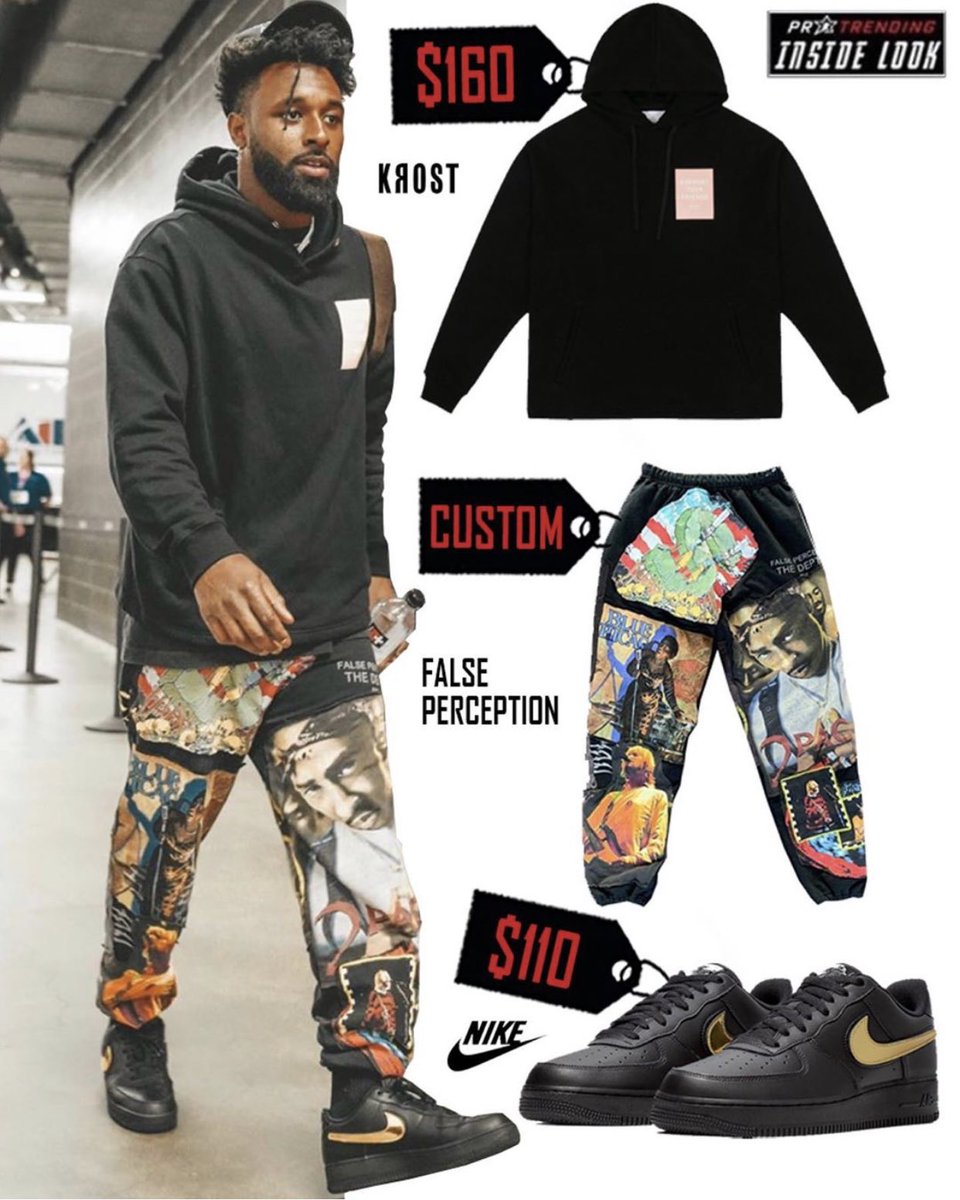 Protrending's tweet photo. A ProTrending #InsideLook at @God_Son80’s fit last night. @krostnewyork syf box pvc hoodie, custom sweats by #FalsePerception, paired with #Nike Air Force 1’s. https://t.co/ND6SfEdNsc