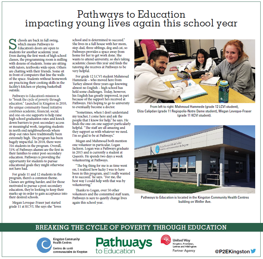 PthwysKingston's tweet photo. Hi friends! We're featured in the Kingston Whig Standard this week, represented by our students Mahmoud, Elyza and Megan. Have a read! Remember that we're always recruiting volunteers for our after school programs. Email Ellyn at ellync@kchc.ca for more info. https://t.co/YfcaWcwIdI