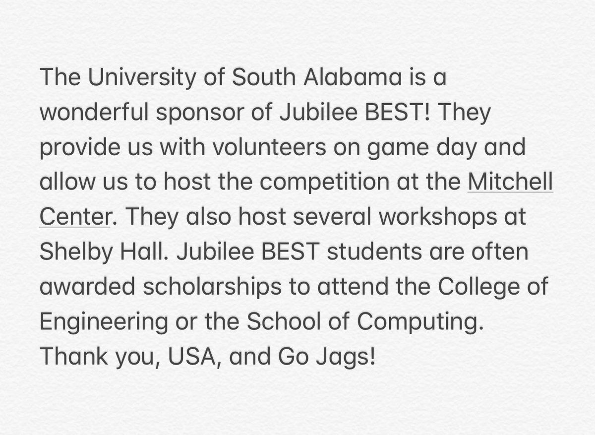 jubileebest's tweet photo. Thank you, USA!!! @UofSouthAlabama @EngineeringJags #JubileeBEST2019 #BESTRobotics2019 https://t.co/jstcjg4ht7