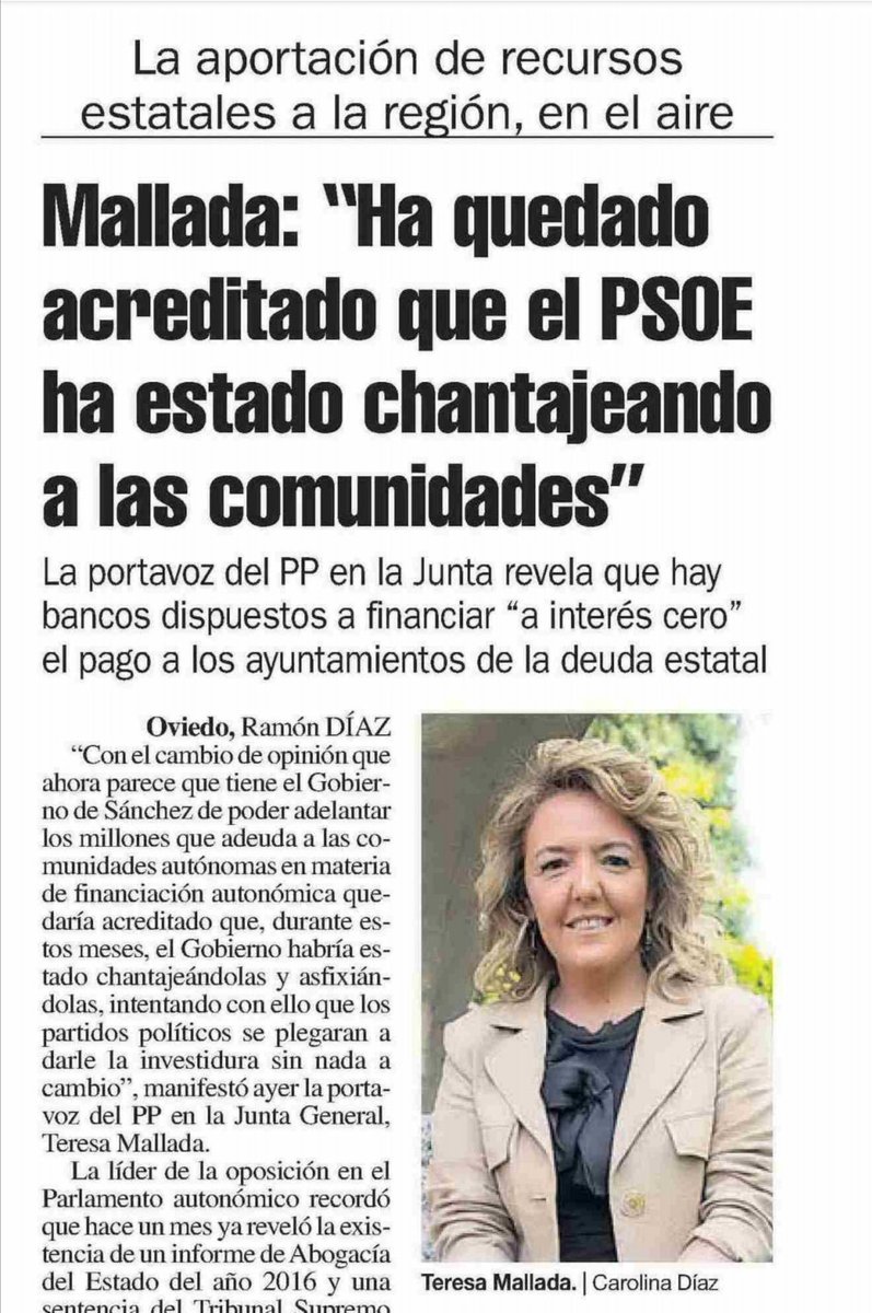 Tras el cambio de opinión del Gobierno de Sánchez sobre el dinero bloqueado a las Comunidades Autónomas, queda claro que el PSOE ha estado chantajeando y asfixiando a las Comunidades para intentar plegar a los partidos a darle la investidura 👇 <a href="/lanuevaespana/">La Nueva España</a>