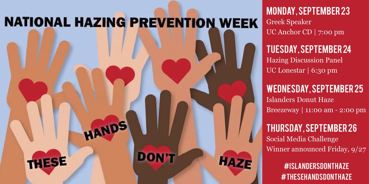 This week starts National Hazing Prevention Week ‼️Start off the week by becoming aware about ways to prevent hazing by attending tonight’s Greek Speaker lecture in UC Anchor  CD @ 7! #islandersdonthaze #thesehandsdonthaze