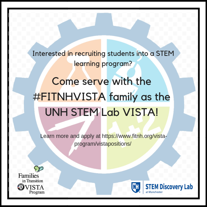 FITNHVISTA's tweet photo. Enjoy STEM programming and recruiting volunteers?  #ServeAYear with the FITNHVISTA family as the UNH STEM Lab VISTA!  Learn more and apply at https://t.co/wpx04pc2Eu
#Volunteer #NationalServiceWorks https://t.co/6bFrjEcmEr