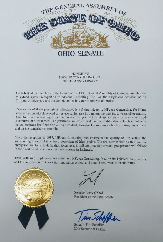 NFocusData's tweet image. Thank you Ohio Senator Tim Schaffer and the Ohio Senate for this recognition of our 30th anniversary and our renovation project!

N-Focus.com

#DirectMail | #DirectMarketing | #Data | #Since1989
