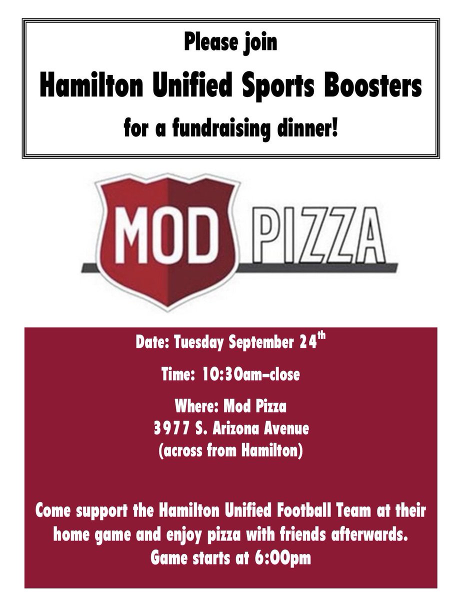 After the home football game tomorrow for Unified there will be a fundraising dinner at Mod pizza!! We hope to see you there!