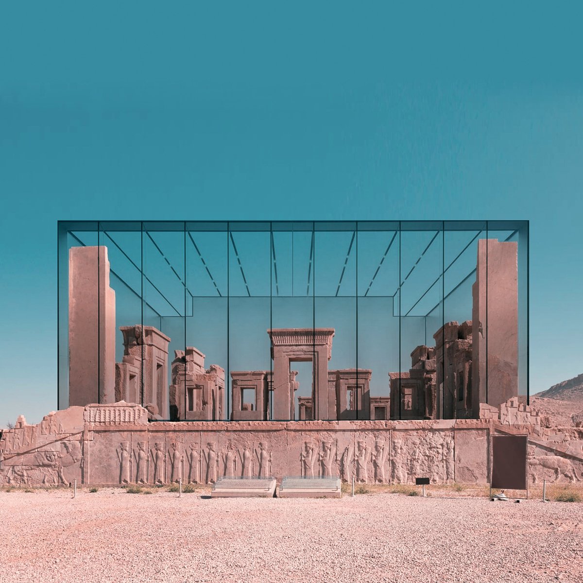 dezeen's tweet photo. This architect has Photoshopped famous modern buildings on Iran's ancient palaces and castles: https://t.co/wDzsJXCbwK https://t.co/LBMoklGEm1