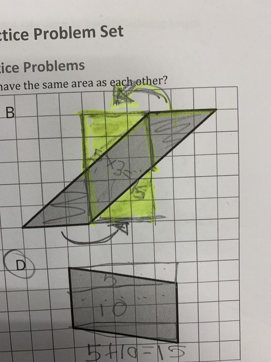 Gr 6 student overheard classmates talking about how they would find the area of this parallelogram by making a rectangle. They were talking about enclosing and subtracting away, but she did this! (“I cut off the triangles and slid them over.”) #learnwithIM
