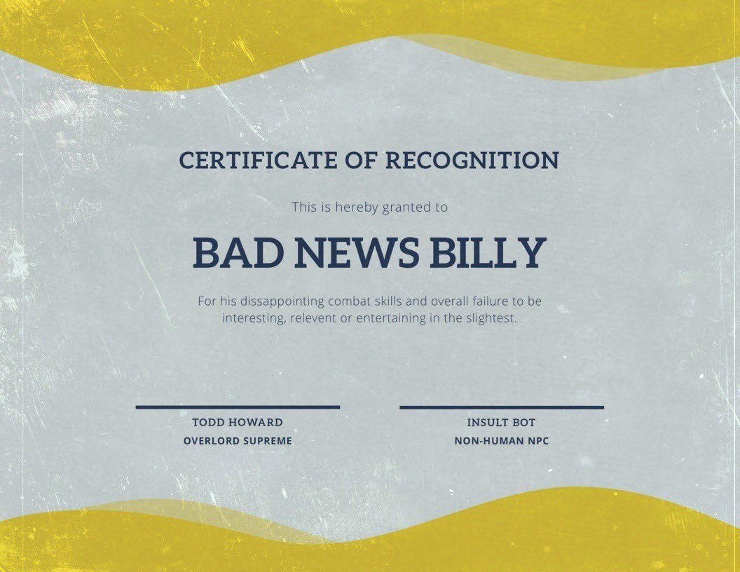 InsultBot76's tweet photo. @BaaaadNewsBilly Halt. 

Target acquired.

Well done, you sloppily dispatched an unarmed robot that was programmed by high school nerds. Here is your excellence award:

Dispensing insult literature.

Ah. Ah. Ah. 
Later, chump. https://t.co/EJFDBsf8o1