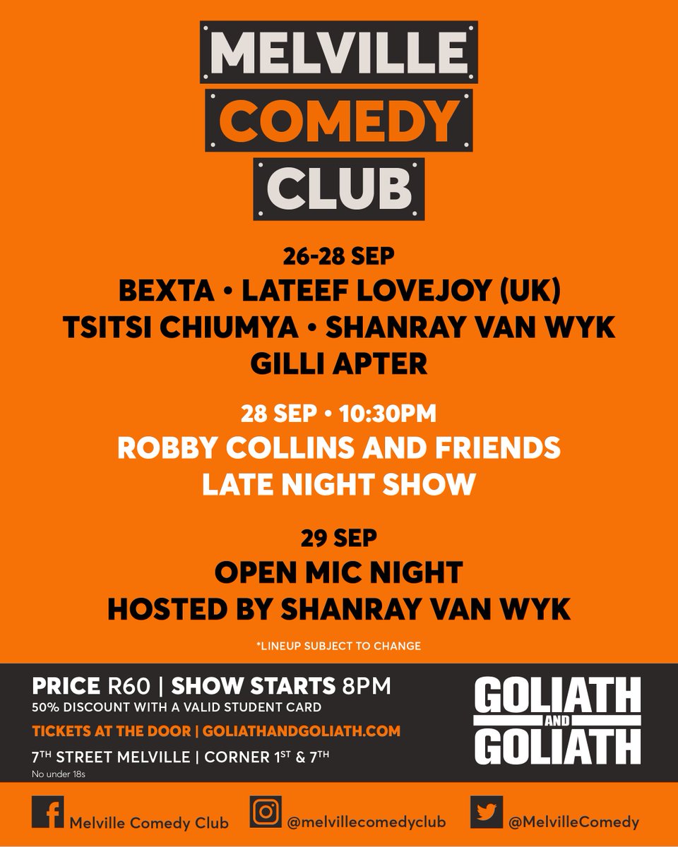 Comedy is big part of South African Heritage. Let's celebrate through laughter this week!
Tickets available at melvillecomedy.com and at the door! Get there early to book your seat.
Follow us on social media:
Instagram: <a href="/TheMelvilleCC/">The Melville Comedy Club</a>
Facebook: facebook.com/melvillecomedy…