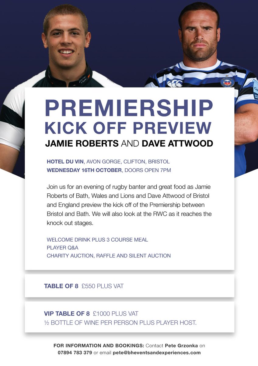 brian2678's tweet photo. Last few tables available for Bristol vs Bath Preview event: Wednesday, October 16th. Avon Gorge Hotel. - https://t.co/CKLwKSFHUc https://t.co/TxFNrmmbAd