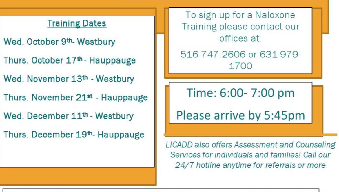 LICADD's tweet photo. LICADD's Fall 2019 Naloxone Training Schedule Released! Sign up now! #LICADD #Narcan #Naloxone #savealife # #getrained #beprepared #ittakesavillage #preventioneducation https://t.co/8jqyi6jp7x
