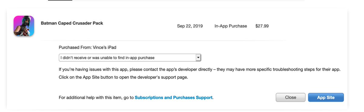 VinceLaMarca's tweet photo. @AppleSupport My son didn't get his in app purchase in #fortnite Apple says to contact Epic Games and Epic Games says to contact Apple. Which one is it? @EpicGames https://t.co/g7r1YhxuSe