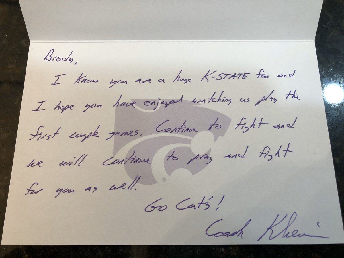 Stanimal032's tweet image. As if I needed another reason to be a @CoachKli fan. Thank you so much for the note! It means so much to our #Family! Choose your motto. #WinTheDangDay #StackGoodDays #PoundTheStone⚒ We’re taking it all to heart! Much respect and love! Go trounce the Pokes this weekend! #GoCats