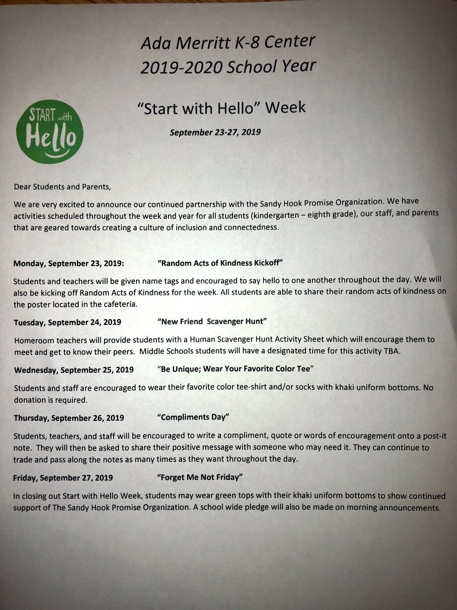 “Start with Hello” week at Ada Merritt K-8 Center from September 23-27, 2019. Let’s spread kindness! #SandyHookPromise #StartWithHello