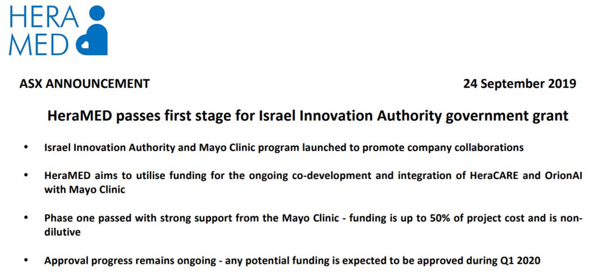 HeraMED has successfully passed the first phase of approvals required to receive a grant from the Israel Innovation Authority (IIA).

Read more: asx.com.au/asxpdf/2019092…

#HeraCARE #AI #healthcare #pregnancy #monitoring #womenshealth #wearabledevice $HMD #ASX