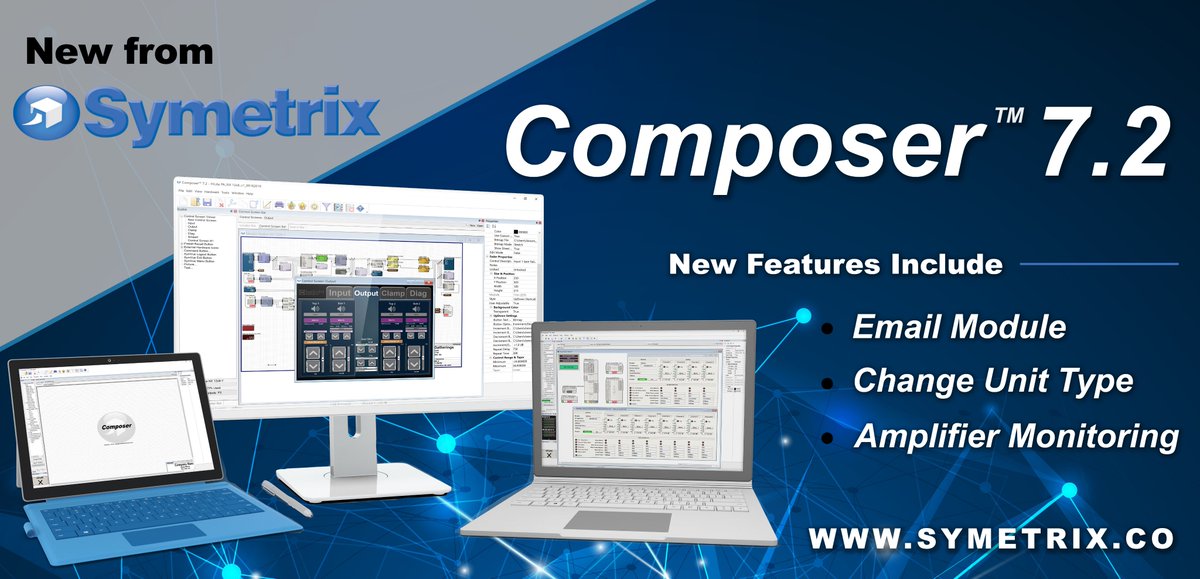 Symetrix_Inc's tweet photo. Today’s the day! Introducing COMPOSER 7.2! 🥳With new features including Email Module, Change Unit Type,  Amplifier Monitoring and more, #Composer 7.2 gives you the power to design flexible, intuitive and creative systems seamlessly. Download today: https://t.co/4iidnXrosw https://t.co/Re1JaLigLe