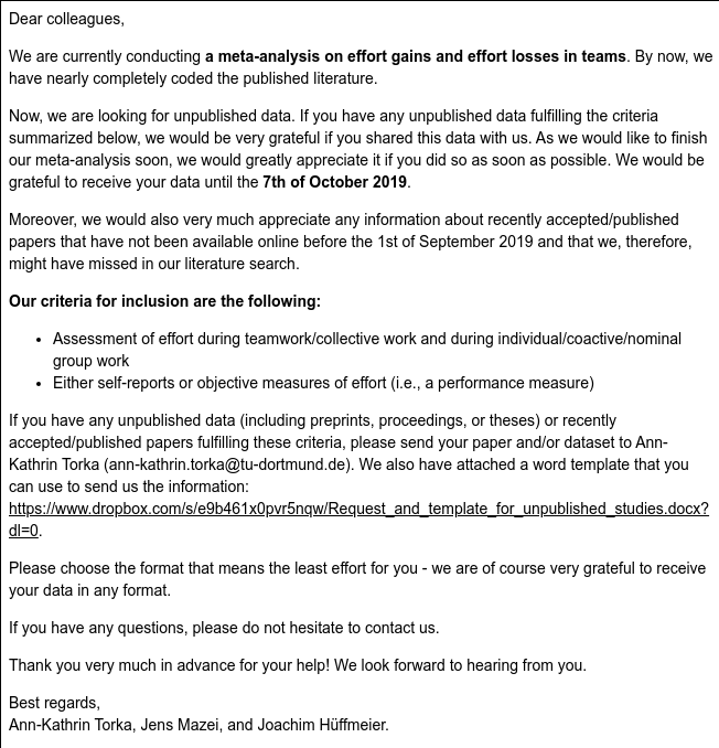 easpinfo's tweet photo. Call for ** unpublished data** for a meta-analysis on effort gains and effort losses in teams; Deadline October 7th, 2019. Please RT! Template for data provision: https://t.co/5Z3MWxBtck. https://t.co/2rMFmPvYJj