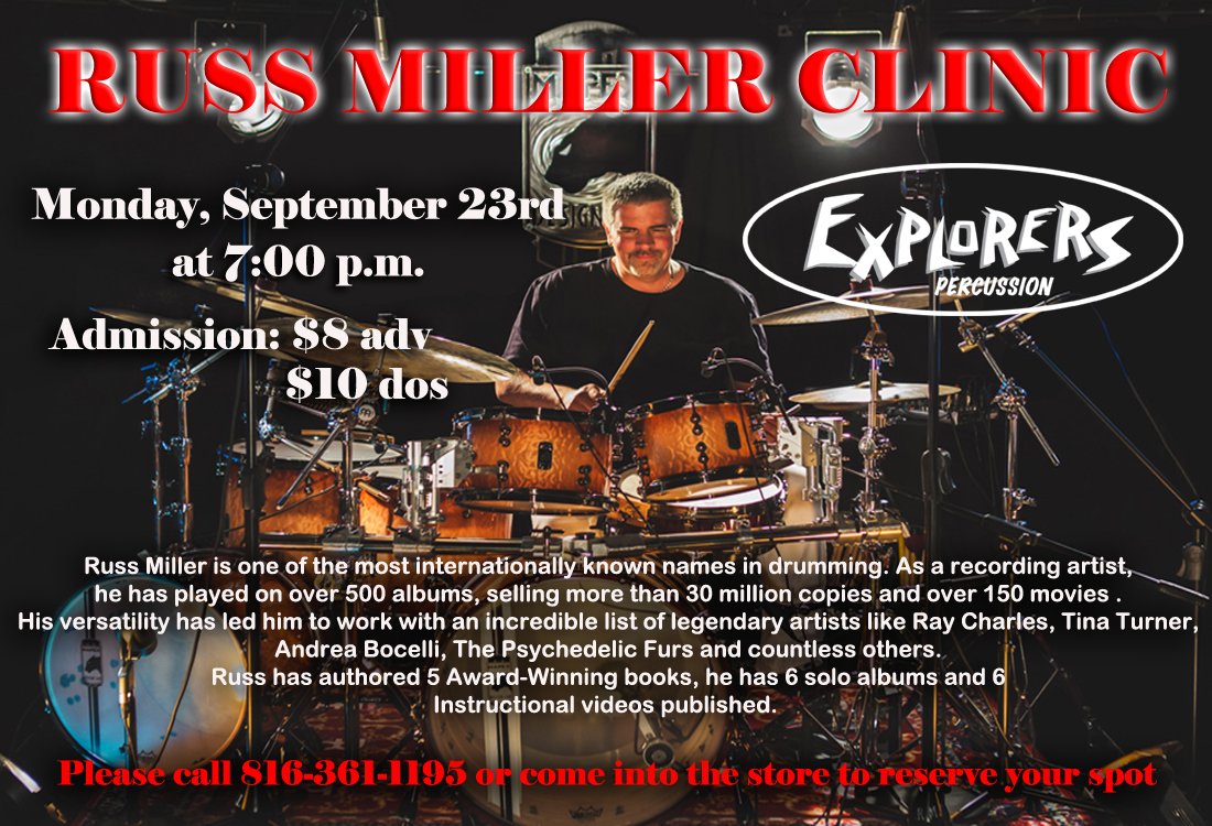 We have Multi-Platinum recording artist <a href="/russmillerdrums/">Russ Miller</a> in the shop tonight!! Downbeat is at 7pm. ONLY $10!! <a href="/MapexDrums/">Mapex Drums</a> <a href="/remopercussion/">Remo Inc.</a> <a href="/ZildjianCompany/">Zildjian Company🌕</a> <a href="/vicfirth/">Vic Firth</a>