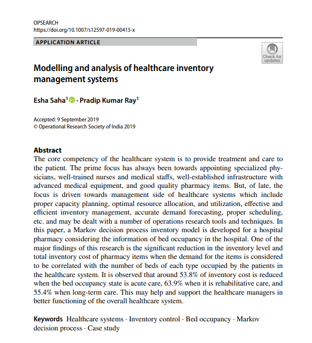 DeptISEIITKGP's tweet photo. Congratulations to Ms. @esha_saha and Prof. Pradip Kumar Ray for their recently published article titled "Modelling and analysis of healthcare inventory management systems" in OPSEARCH.
#Research #Published #Healthcare #Inventory #BedOccupancy https://t.co/aD7VGszyzk