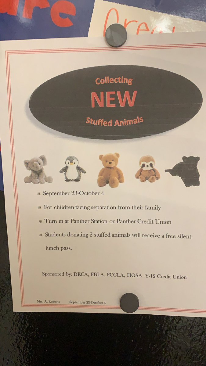 FcclaPowell's tweet photo. Let’s spread the word about our FCCLA project! Everyone needs a silent lunch pass! Just bring in 2 new stuffed animals and drop off at @PantherStation1 or @PHSCreditUnion https://t.co/IWaucYuhss