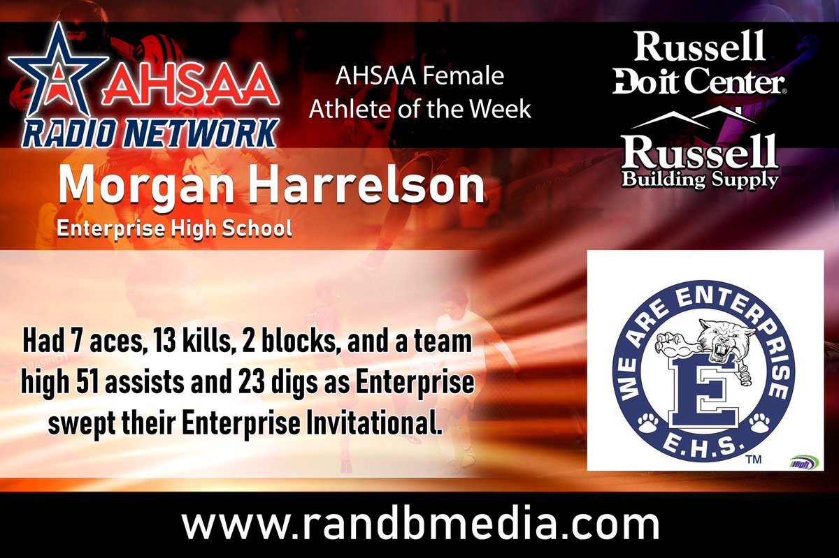 ahsaaradio's tweet photo. Congratulations to Morgan Harrelson from @EnterpriseHighS for being named the AHSAA Female Athlete of the Week! Sponsored by Russell Doit Centers and Building Supply Stores. https://t.co/zXP2yTvcM1