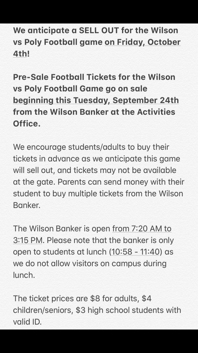 It’s less than two weeks to the Wilson vs Poly Football Game! Tickets go on sale on Tuesday!